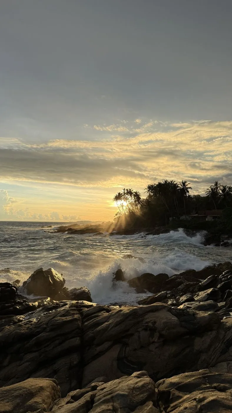 Waves bursting on the rocks in golden light