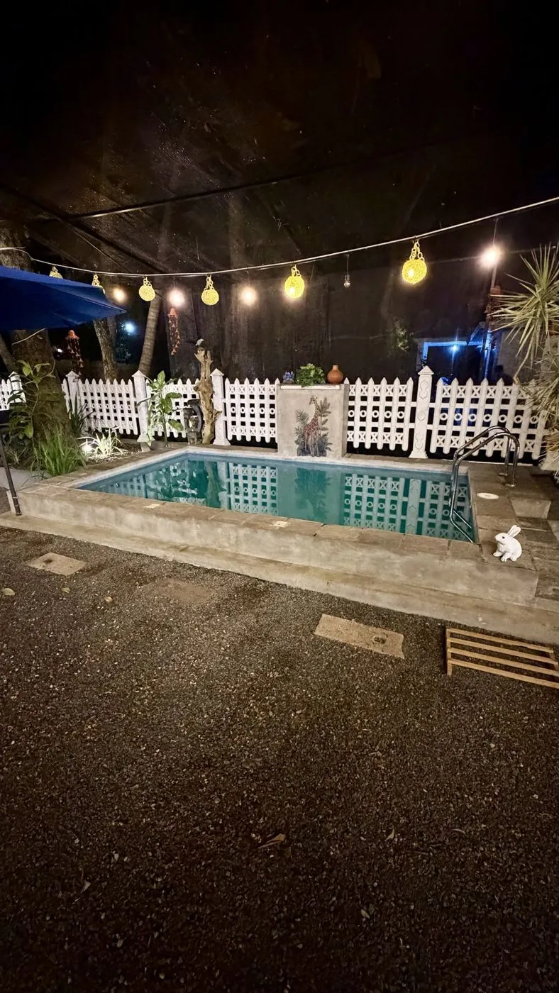 Private plunge pool with a white picket fence and a giraffe mural