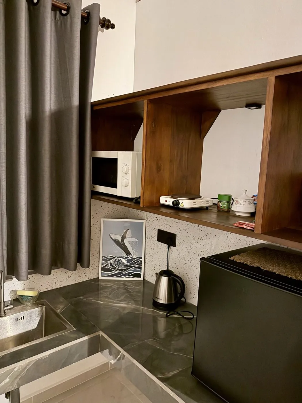 Kitchenette: teak shelves, microwave, hot plate, kettle and fridge