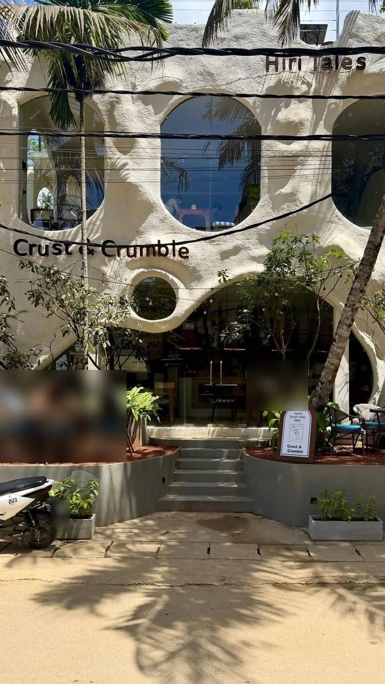 Crust & Crumble's sculpted, cave-like facade in Hiriketiya