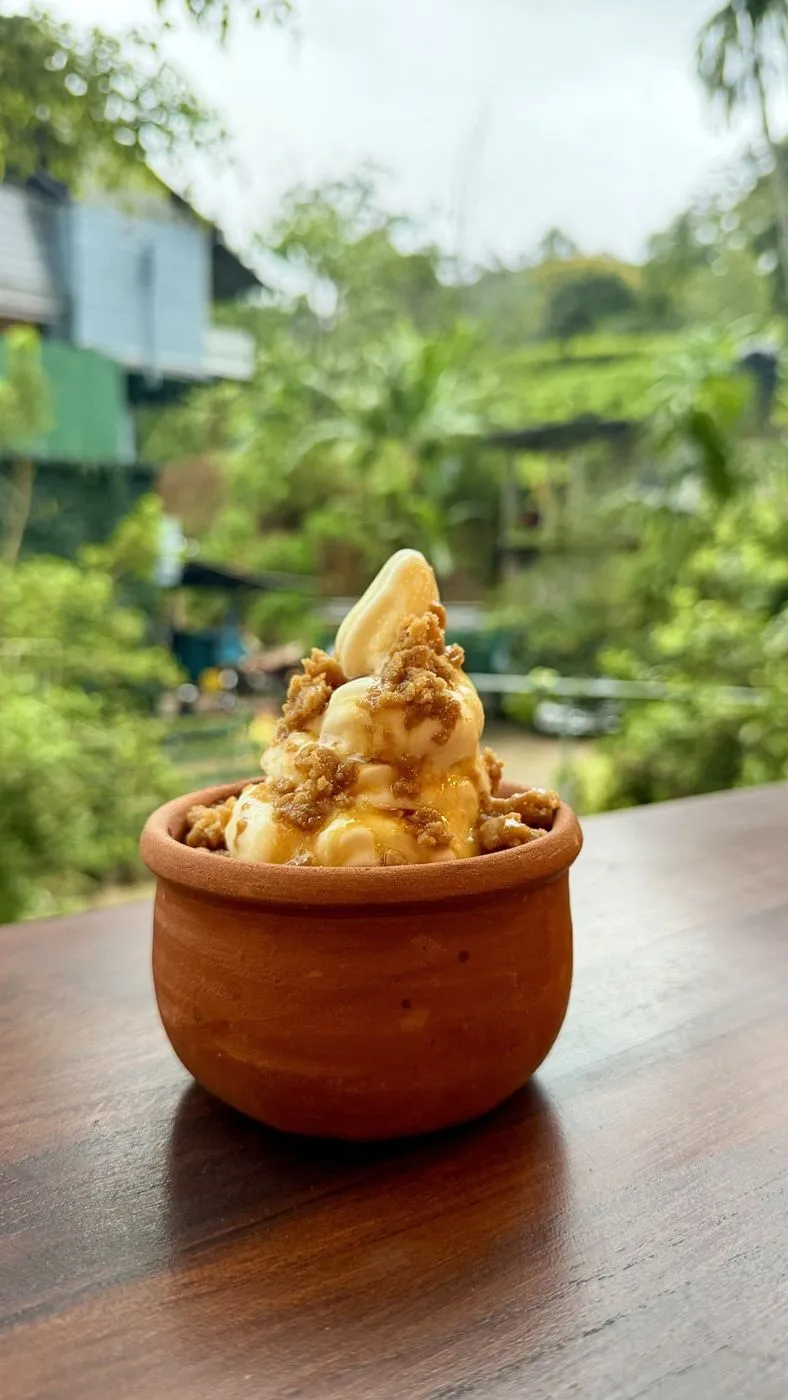 Mee kiri (buffalo curd) soft-serve with kithul treacle and crumble in a clay pot, LKR 1,750