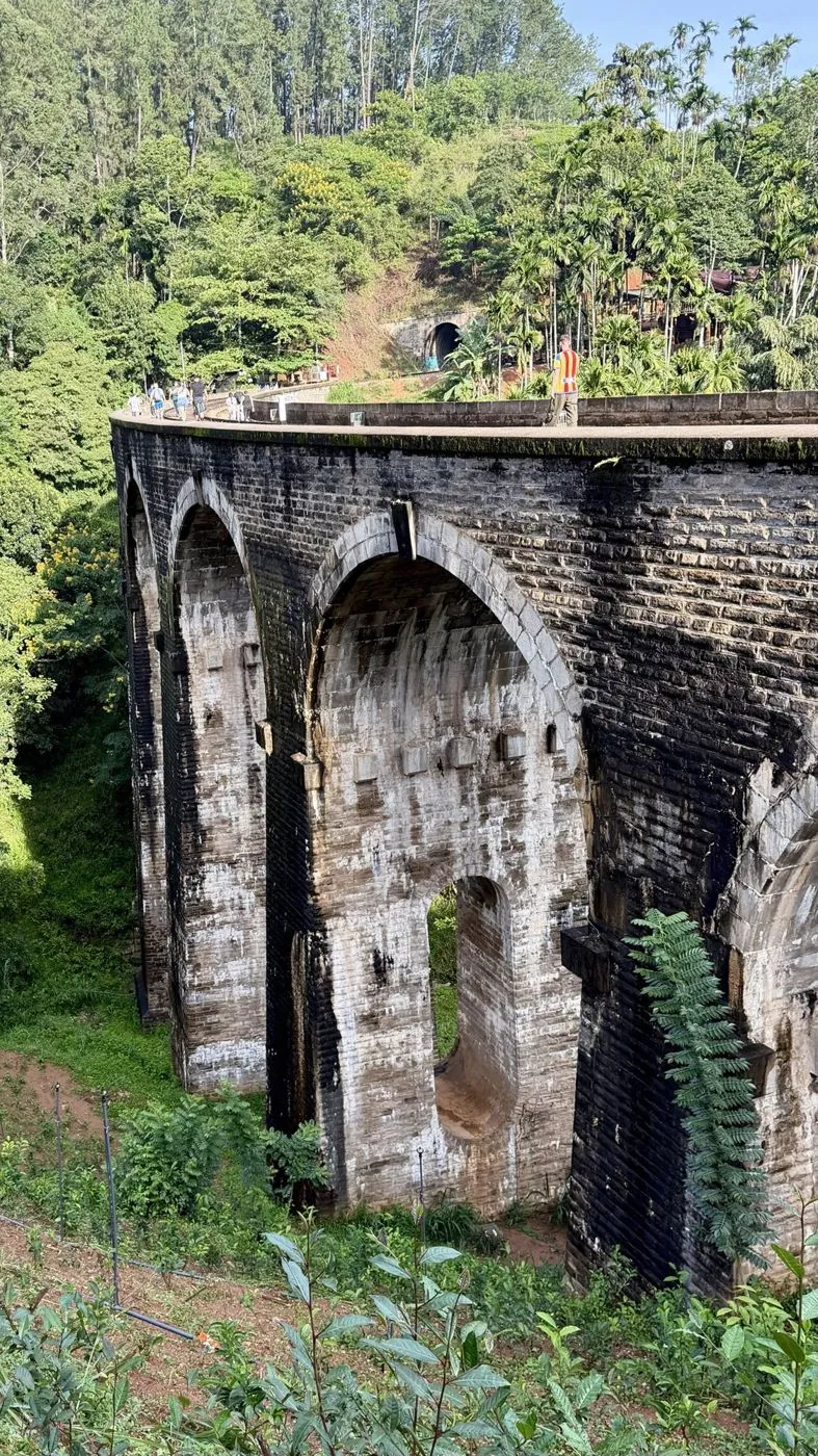 Monsoon-stained stone piers, with the tunnel mouth at the far end