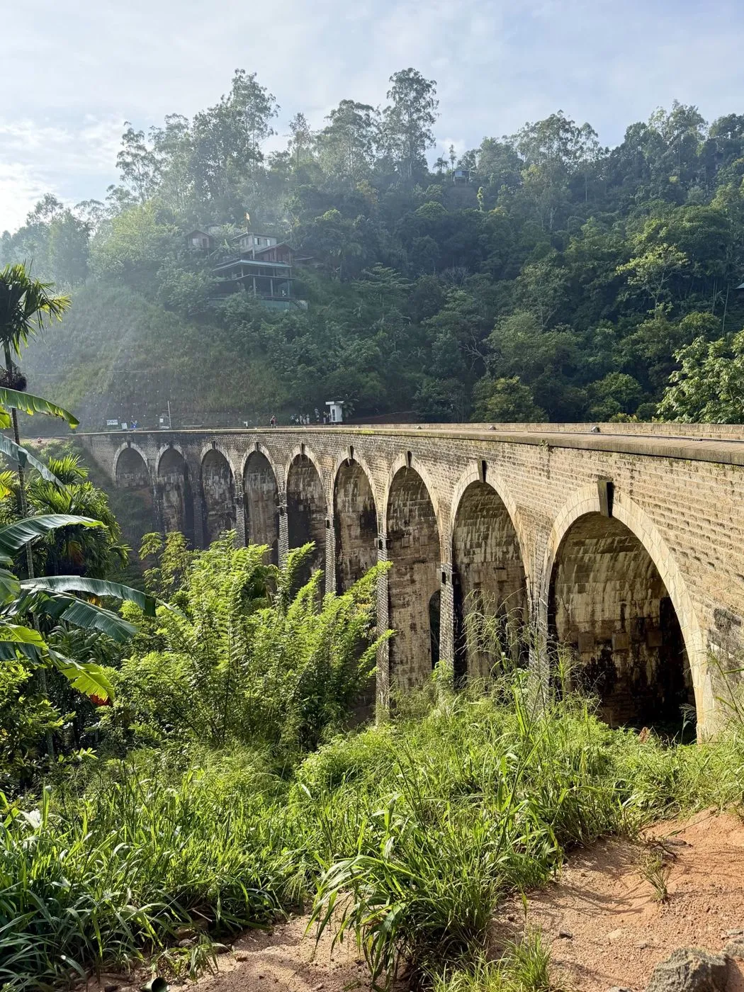 The full sweep of the viaduct, jungle and hillside guesthouses behind