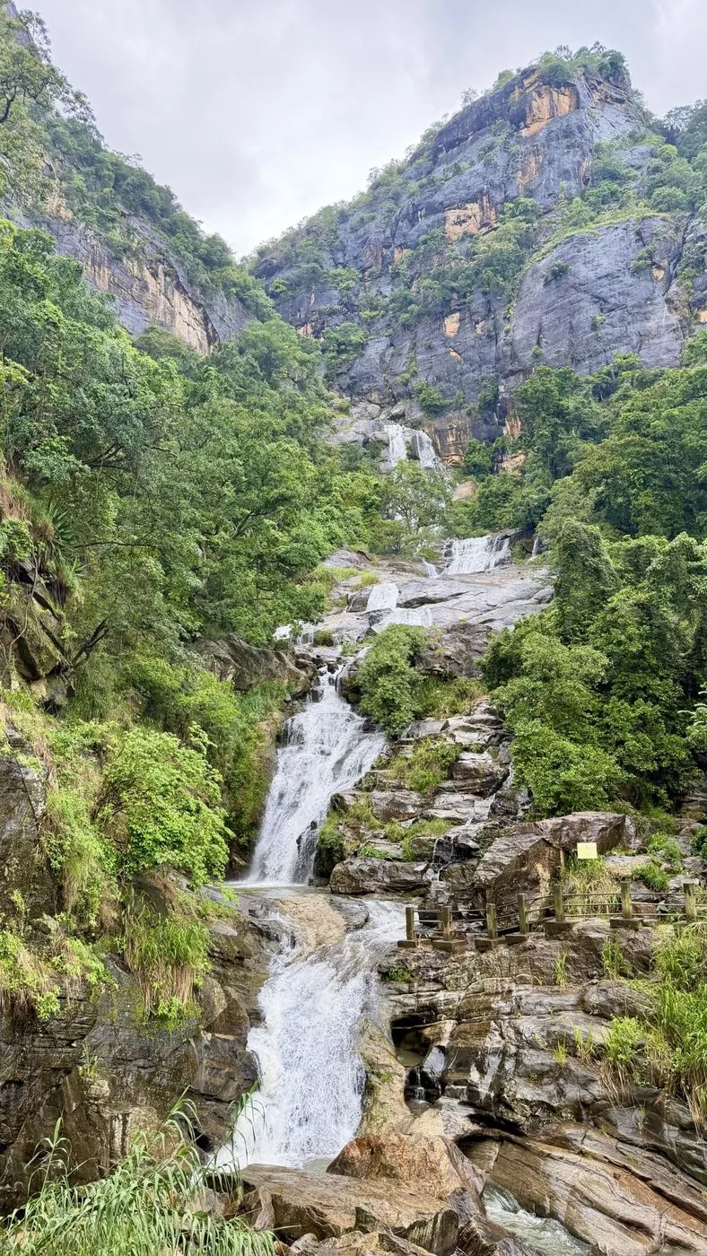 Ravana Falls tumbling down the gorge below the cliffs